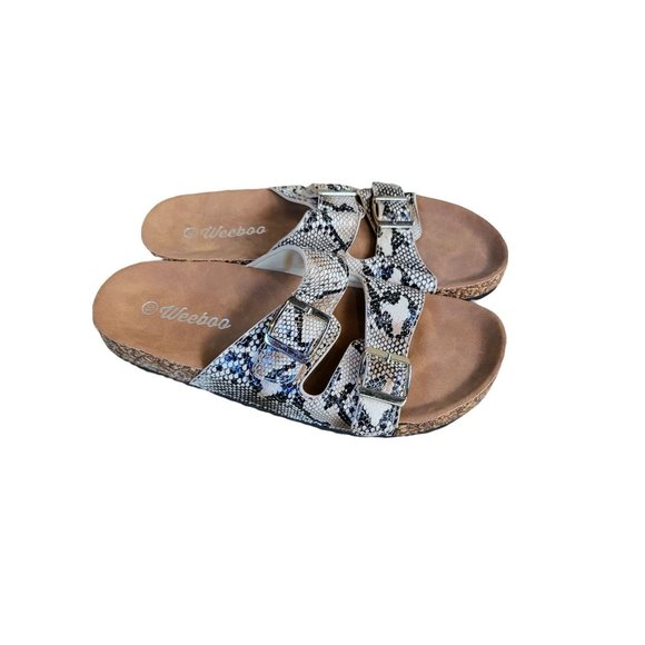 Weeboo Double Buckled Sandals 10 Womens Snakeskin Print Slip On Cork Casual - Picture 2 of 4